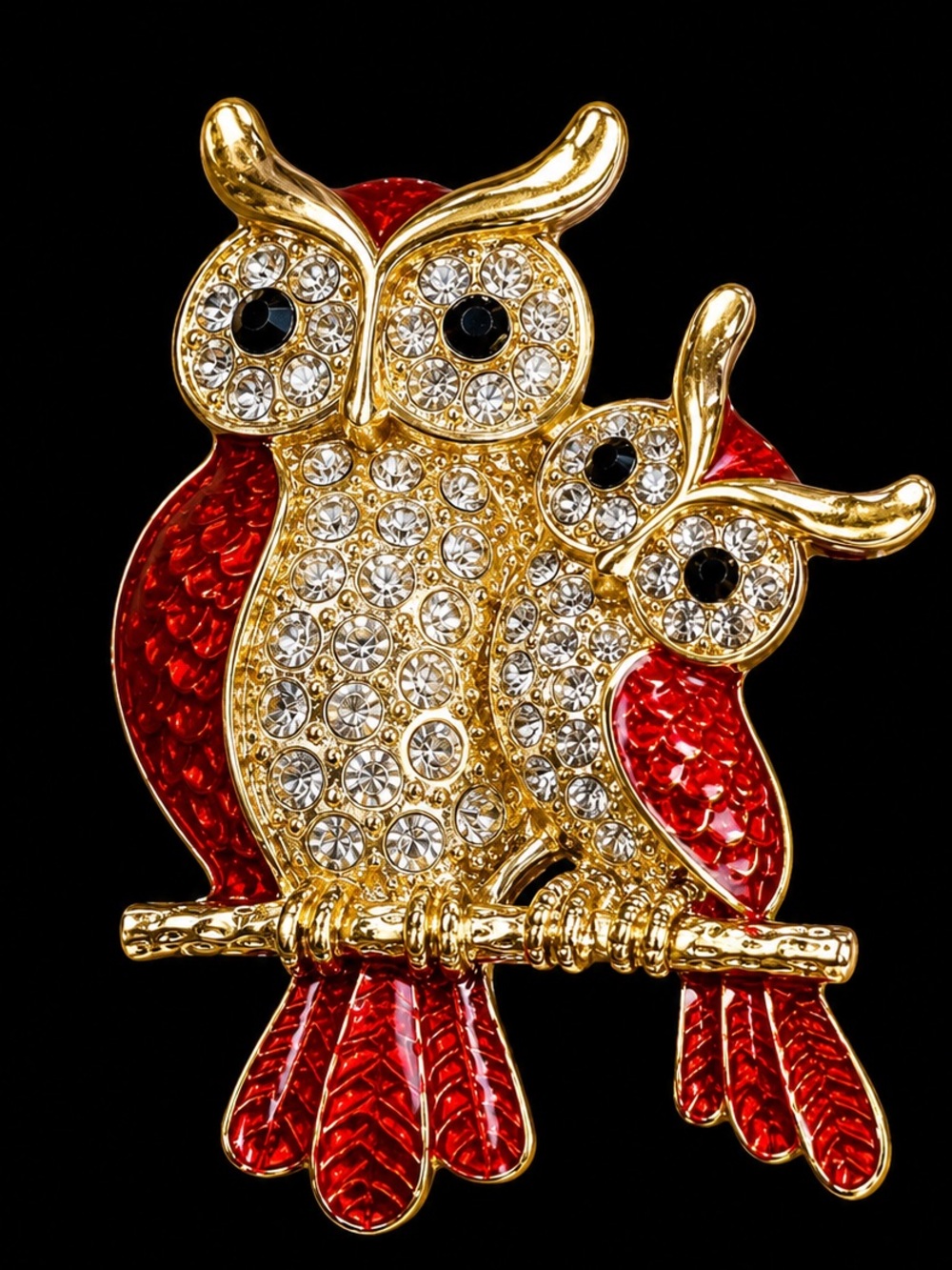 Gold and Red Owl Duo Brooch - Elegant Women's Jewelry